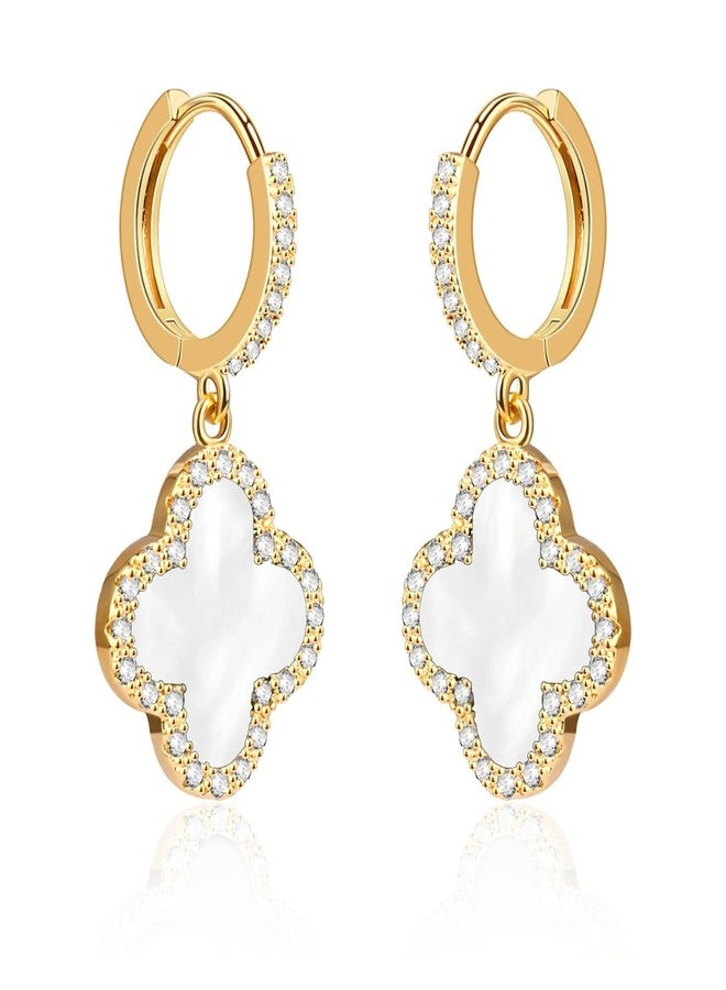 HighSpark Huggie Hoop Clover Earrings for Women | Mother of Pearl Clover Dangle Hoop Earrings | Lovely Gift - White - Image 1